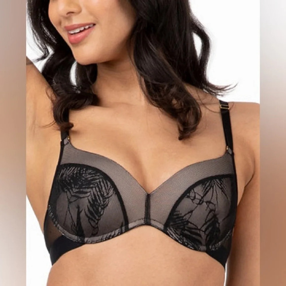 Macy’s Women's Lively Smooth Lace No Wire Push Up black tropical Bra 36C #1329 - Picture 1 of 6